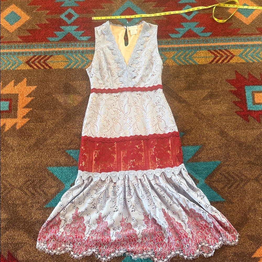 Foxiedox Lace Midi Dress with Red and White Accents (NWOT)